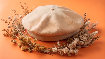 Wall Mural - Beige beret resting on a wreath of dried plants against an orange background