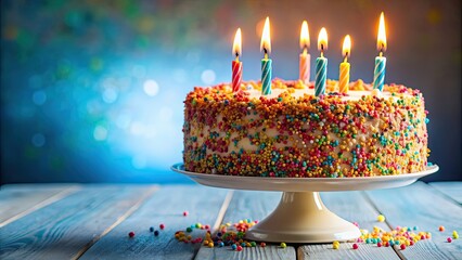 Poster - Delicious and irresistible birthday cake with colorful sprinkles and candles , birthday, cake, celebration, party, dessert