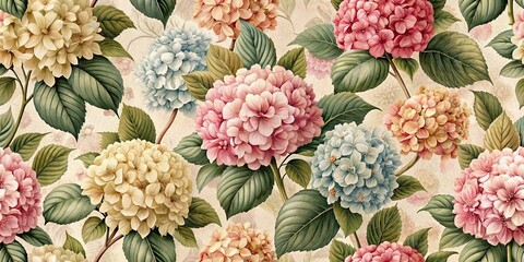 Sticker - Retro hydrangea floral pattern wallpaper with a vintage vibe, retro, hydrangea, floral, pattern, wallpaper, vintage