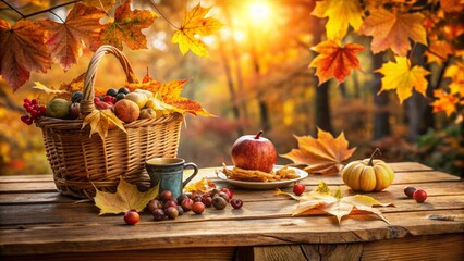 Wall Mural - Autumnal still life setting featuring a rustic wooden table scattered with vibrant fallen leaves in warm golden afternoon light.