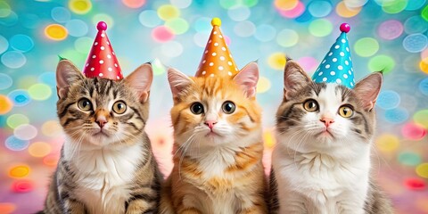 Canvas Print - Cute cats celebrating a birthday with party hats and decorations, cats, birthday, celebration, pets, animals, feline, party, hats