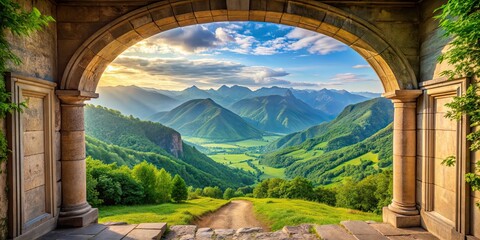 Wall Mural - Scenic view of a vast valley with a grand portal entrance surrounded by lush greenery, nature, landscape, portal, valley, vista