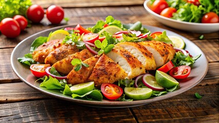 Wall Mural - Delicious chicken with salad , fresh, healthy, meal, dinner, grilled, vegetables, protein, lunch, homemade, gourmet