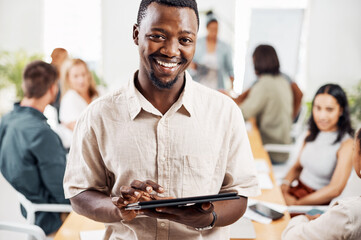 Poster - Employee, black man and smile with tablet in office for meeting, brainstorming and strategy. Happy, confidence and proud on portrait in boardroom for teamwork, collaboration and online research