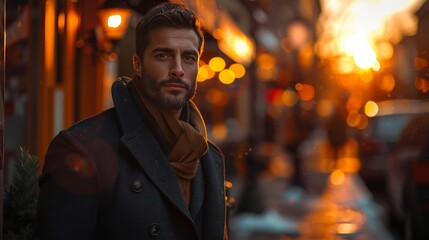 Wall Mural - 35-year-old man walking through the streets of a city with a determined look, wearing elegant clothes, black hair, short beard, full body view, Hyper realistic, Leica M golden hour lighting