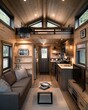 © naphat - Rustic tiny house floor plan close-up, emphasizing cozy living area and compact kitchen, warm earthy tones, more clarity with clear light and sharp focus, high detailed