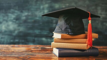 Wall Mural - Graduation hat and stack of study books with copy space