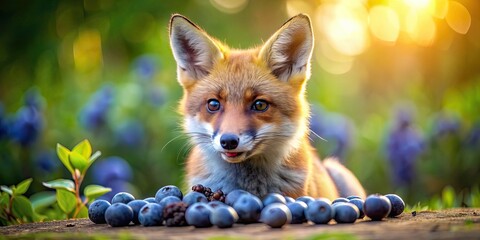 Poster - Cute fox with a big appetite for juicy blueberries, fox, blueberries, cute, animals, wildlife, nature, forest, hungry, foraging