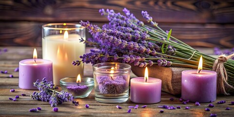 Wall Mural - Elegant still life featuring lavender and candles creating a soothing atmosphere, Aromatherapy, relaxation, tranquil, luxury, spa