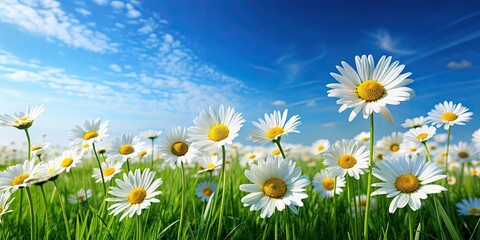 Sticker - Field of bright daisies on lush green grass under a clear blue sky , nature, summer, flowers, meadow, serene, beautiful