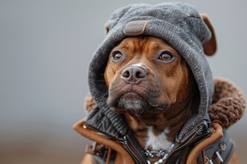 Wall Mural - a dog wearing a winter clothes bokeh style background