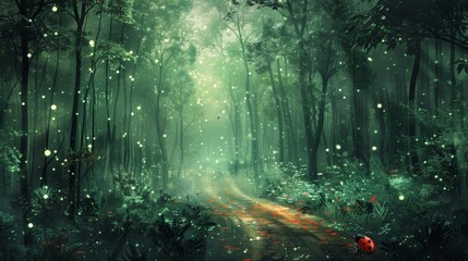 Wall Mural - green and black enchanted magical forest with long road , ladybug, red ground with black dot , beautifull white glow stars flower 