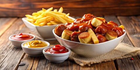 Sticker - Currywurst and hot chips with various sauces in a bowl, currywurst, hot chips, sauces, German food, street food, fast food