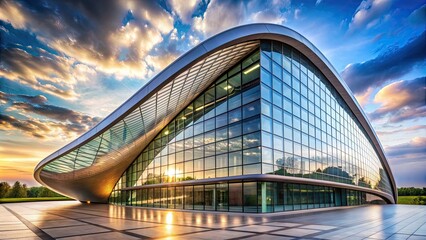 Sticker - Modern futuristic building with curved roof and glass facade reflecting the sky, modern, architecture, futuristic