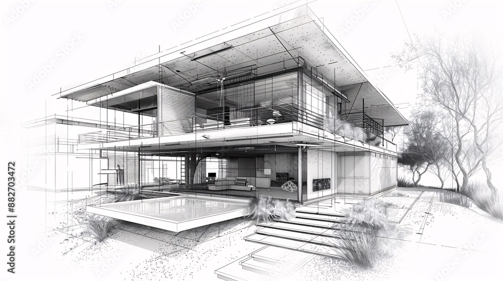 Clean Building Drawing Architectural concept drawing: sketch of a sustainable building design ...