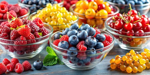 Sticker - Colorful glass bowls filled with an assortment of fresh berries including blueberries