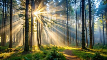 Canvas Print - Misty forest with sun rays filtering through trees, nature, woodland, foggy, morning, peaceful, trees, serene, tranquil, mist