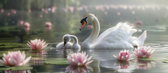 Sticker - Swan Family in a Serene Lily Pond