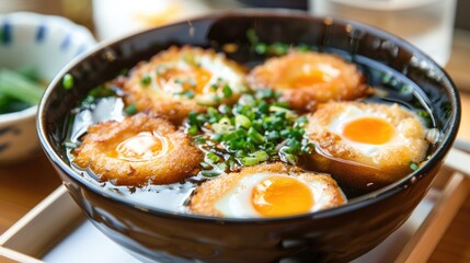 Japanese dish with eggs and fishcakes in soy broth