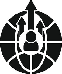 Sticker - Black and white icon of global business expansion with growing arrows and businessman