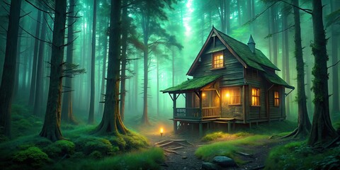 Sticker - Eerie wooden house in misty forest with green lights , spooky, creepy, haunted, eerie, mysterious, foggy, mist, woods, trees