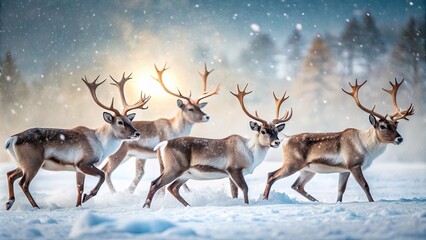 Poster - Reindeers playing in the snow, Reindeer, winter, snow, animals, wildlife, cold, nature, mammal, white, frosty, festive