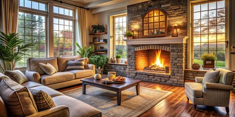 Poster - Cozy living room with a roaring fireplace, fireplace, home, warmth, cozy, interior, decoration, hearth, comfort, relaxation, wood