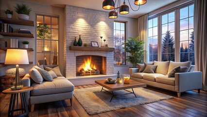 Poster - Cozy living room with a lit fireplace , cozy, home, interior, comfortable, warm, cozy, fireplace, architecture, design