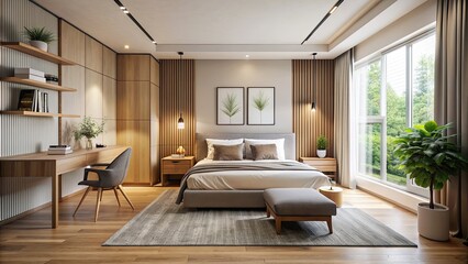 Poster - Cozy and stylish modern guest room with a minimalist design , hotel, contemporary, interior, decor, bedding, sleek