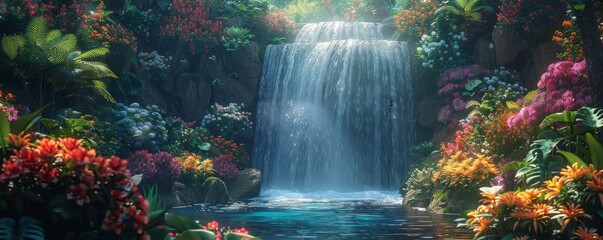 Wall Mural - A secret garden hidden behind a waterfall, its paths winding through a maze of colorful flowers and exotic plants.