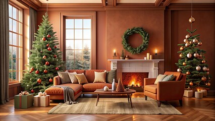 Poster - Cozy terra cotta living room adorned with festive Christmas decorations, Christmas, decorations, holiday, cozy, home