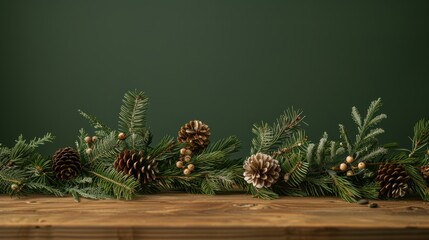 Wall Mural - product photography on a light wood table with pine, fin branches and mistletoe on the sides, christmas spirit, light green background, night lighting, raw photography, 