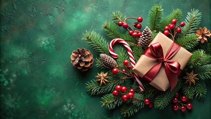 Poster - Festive Christmas decorations and gift box on dark green background with holly berries, pine cones