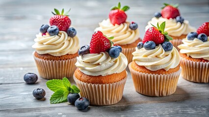 Sticker - Cupcakes topped with creamy frosting and fresh berries, cupcakes, cream, berries, dessert, sweet, treat, bakery, confectionery