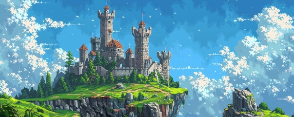 Wall Mural - A pixel art rendition of a pixelated castle perched atop a pixelated hill, its pixelated towers reaching towards the pixelated sky.