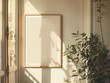© umut hasanoglu - Sunlight casts shadows on an empty wooden-framed picture frame on a white wall near leafy indoor plants.