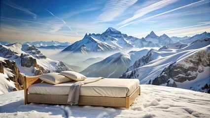 Canvas Print - Comfortable mattress and bedding set up on snowy mountains , cozy, winter, retreat, peaceful, relaxation, serene