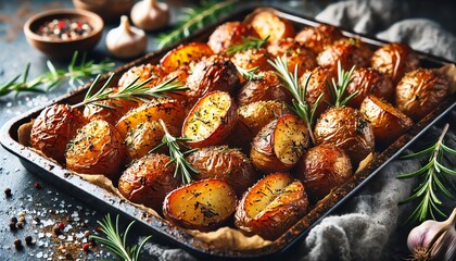 Wall Mural - A baking tray filled with perfectly roasted, cracked potatoes with golden brown and crispy skin