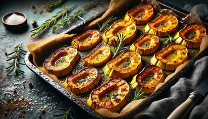 Wall Mural - A baking tray with perfectly roasted delicata squash with golden brown and crispy edges, glistening with butter