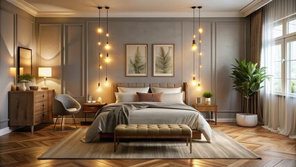 Wall Mural - Cozy bedroom with warm lighting and stylish decor, interior, bedroom, cozy, warm, lighting, decor, comfortable, furniture, modern