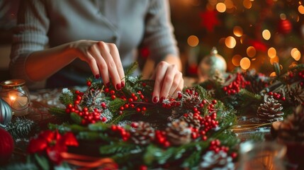 Wall Mural - Festive Holiday Wreath Making with Pinecones and Red Berries by Candlelight