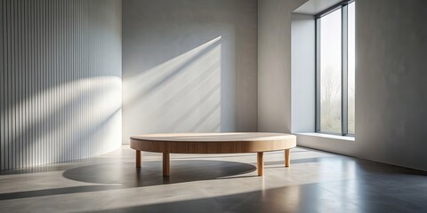 Wall Mural - Minimalist modern room with round bench illuminated by natural light creating shadows, minimalist, modern