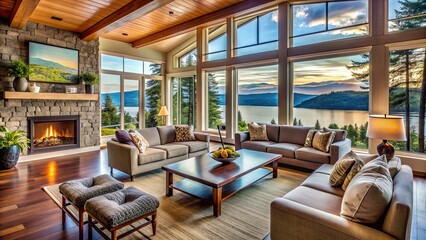 Canvas Print - Cozy living room with a panoramic view of the lake, scenic, sofa, window, interior, tranquil, relaxation, comfortable