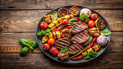 Wall Mural - Plate of delicious grilled meat with vegetables, grilled, meat, steak, barbecue, food, dinner, plate, cooked, vegetables, meal