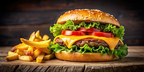 Wall Mural - Juicy cheeseburger with lettuce, tomato, melted cheddar cheese, and crispy golden fries , burger, cheese, lettuce, tomato