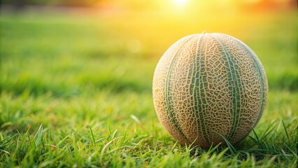 Isolated ripe cantaloupe on flat grassy field , cantaloupe, fruit, isolated, sweet, ripe, fresh, food, green, healthy, organic