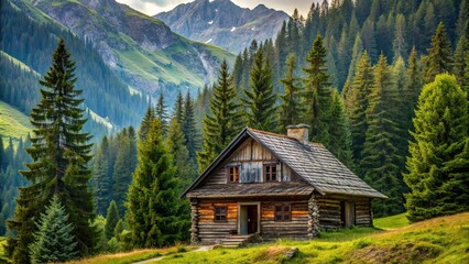 Canvas Print - Old house nestled in the mountains surrounded by pine trees, mountains, house, old, vintage, rustic, cabin, isolated