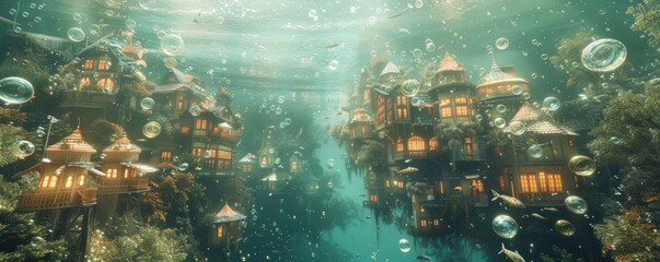 A surreal underwater scene where fish swim through the air and bubbles form houses.