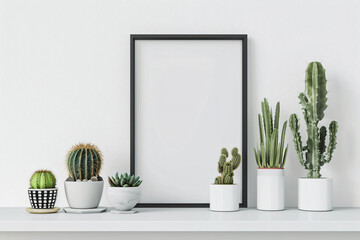 Minimalist mockup of black frame standing on white shelf with cacti and succulents,