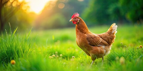 Canvas Print - Free-range chicken grazing in a lush green pasture, free range, chicken, pasture, farm, poultry, organic, natural, agriculture